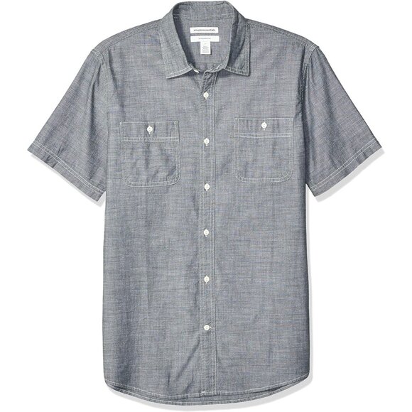 Men's Grey Regular Fit Short-Sleeve Poplin Shirt Round Wardrobe Staple - Picture 1 of 4